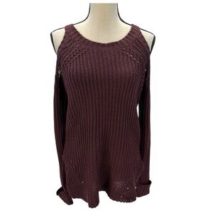 Hippie Rose Long Sleeve Cold Shoulder Crew Neck Sweater - Maroon Red - Small